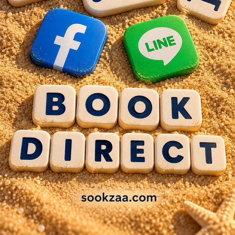 ตัวอักษร BOOK DIRECT กับไอคอน LINE และ Facebook บนผืนทราย