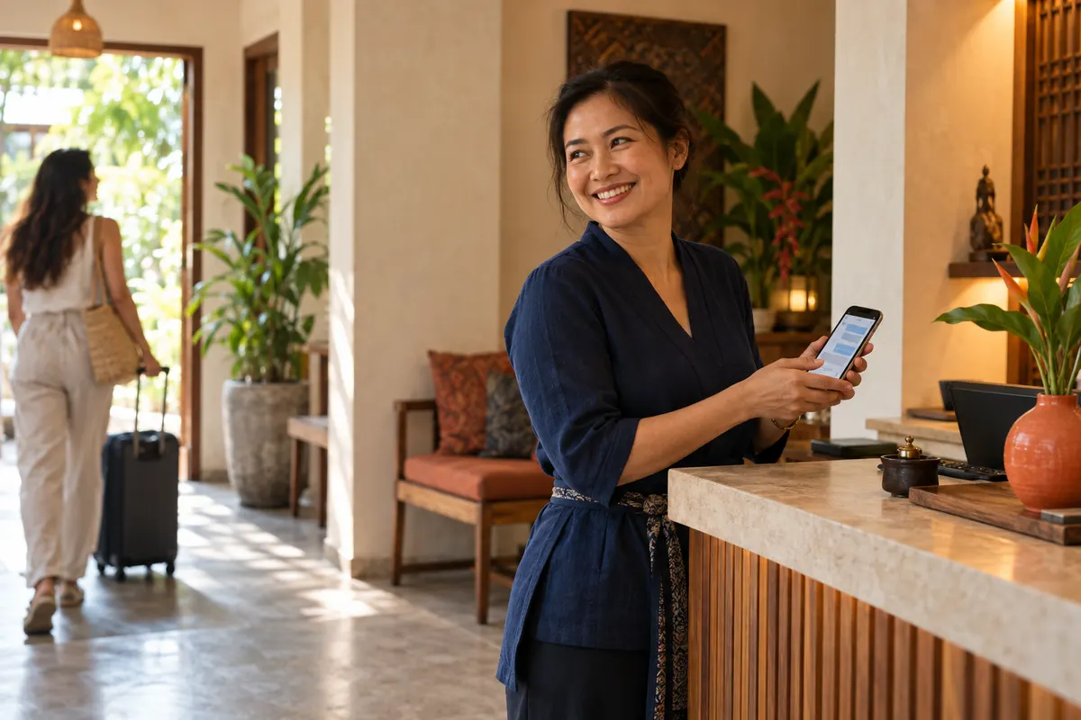 A hotel owner answering guest chats on her phone at reception as a guest arrives