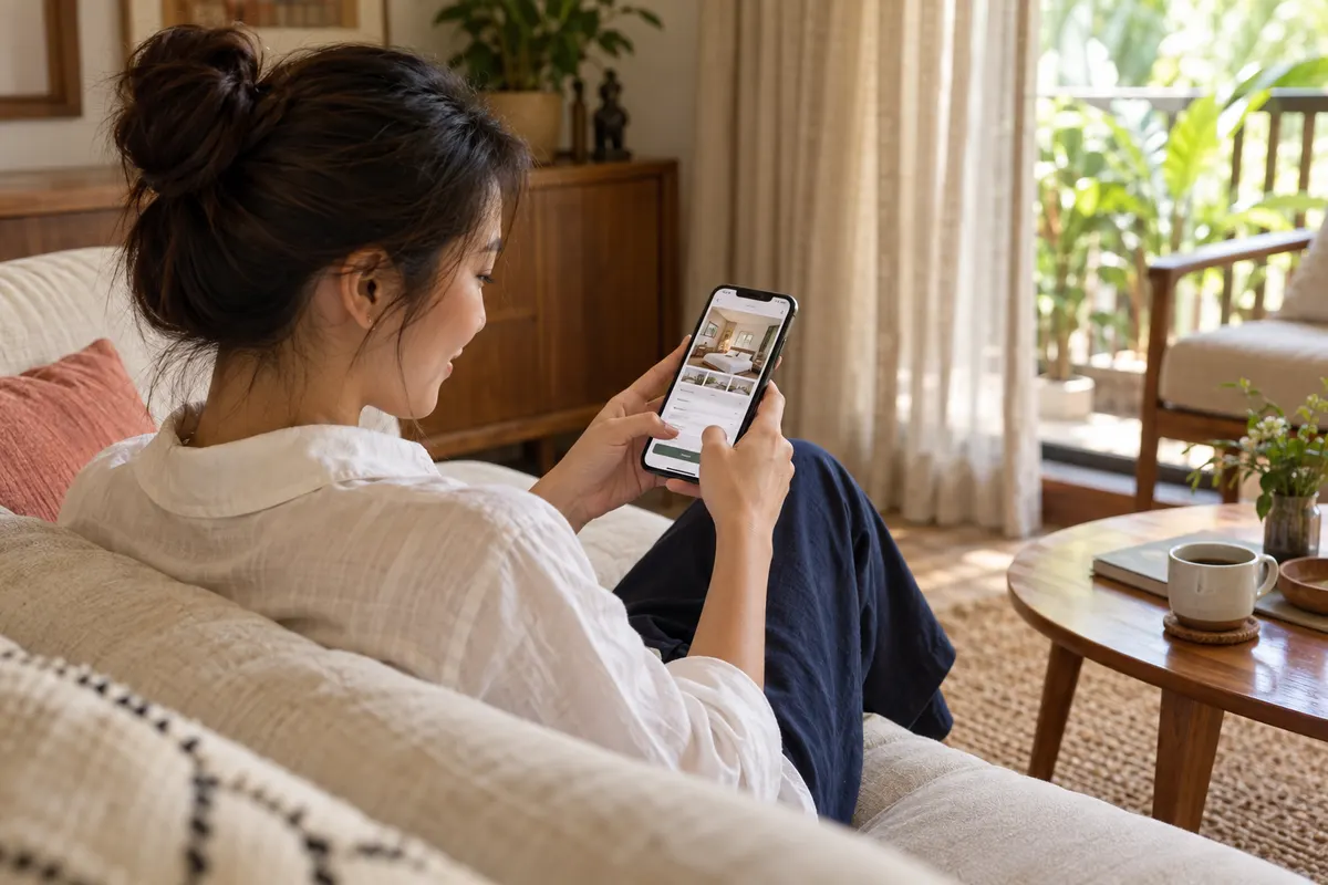 A guest booking a stay on her phone at home
