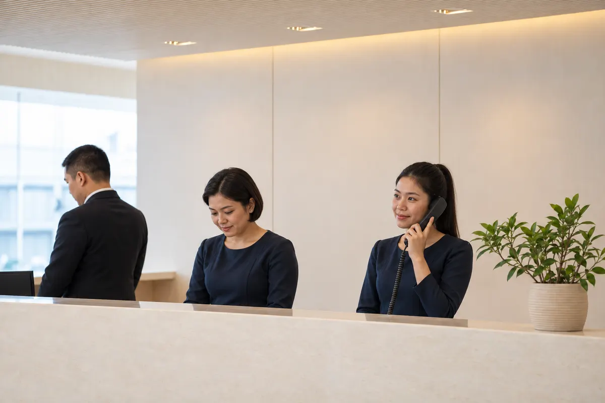 Front-desk staff at work at a hotel reception