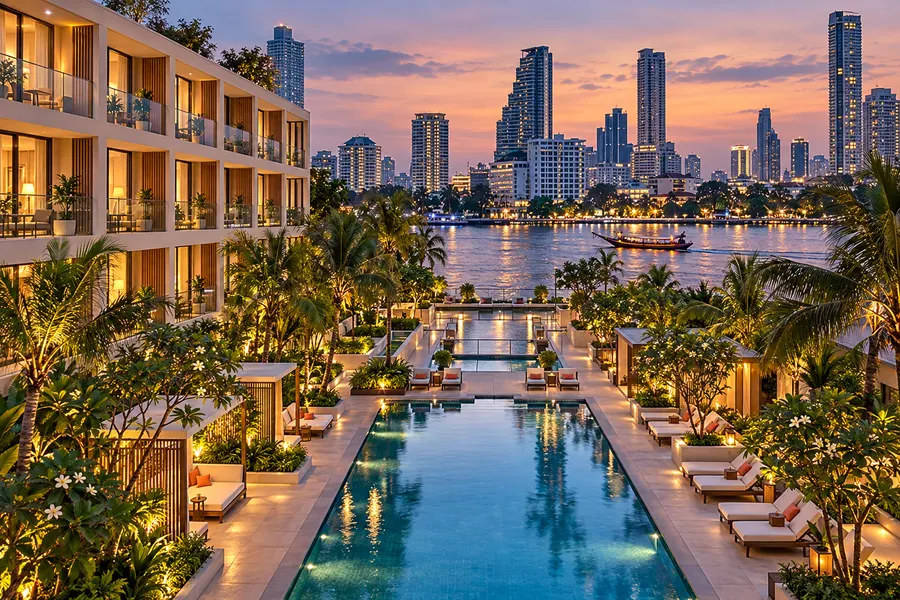 A city hotel pool with the skyline at dusk