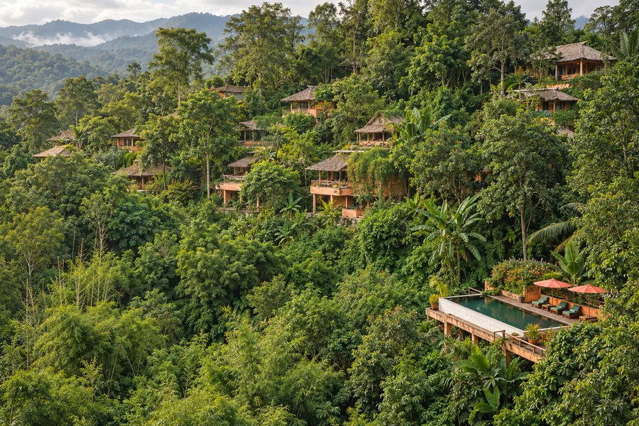Wooden bungalows in a green mountain forest
