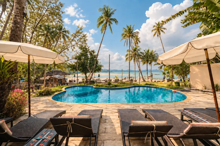 A beach resort pool under palm trees