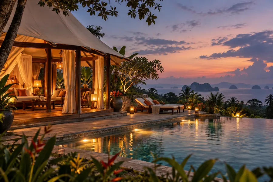 A pool villa at sunset over the sea