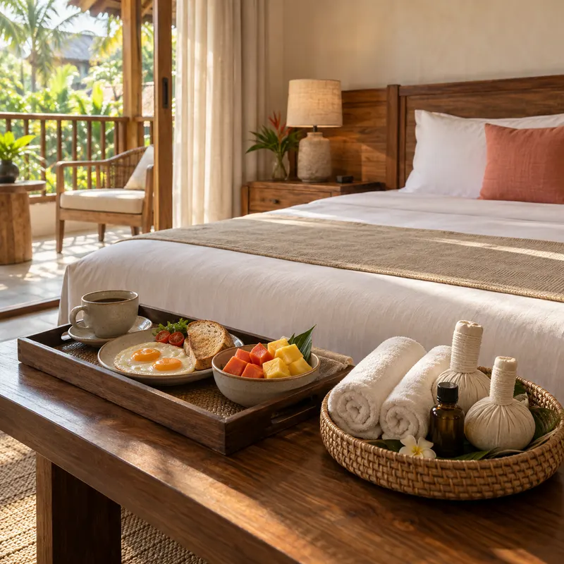 Breakfast tray and spa towels laid out on a hotel bed