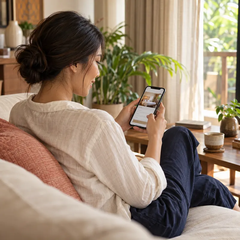 A guest booking a stay on her phone at home