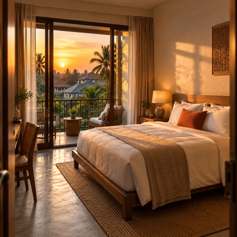 A ready hotel room at sunset, balcony door open