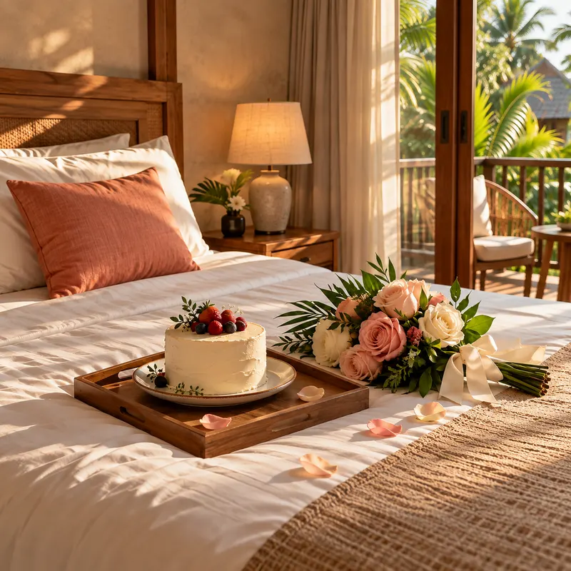 Flowers and a cake on a hotel bed, a gift for a returning guest