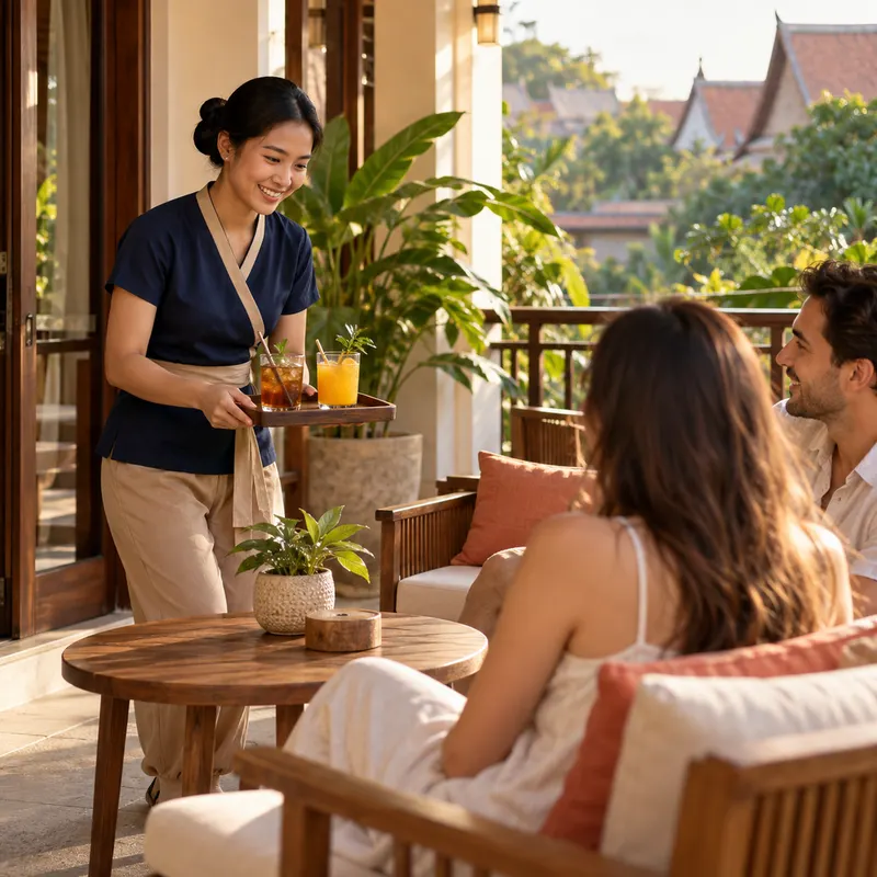 Staff bringing cold drinks to guests on a terrace